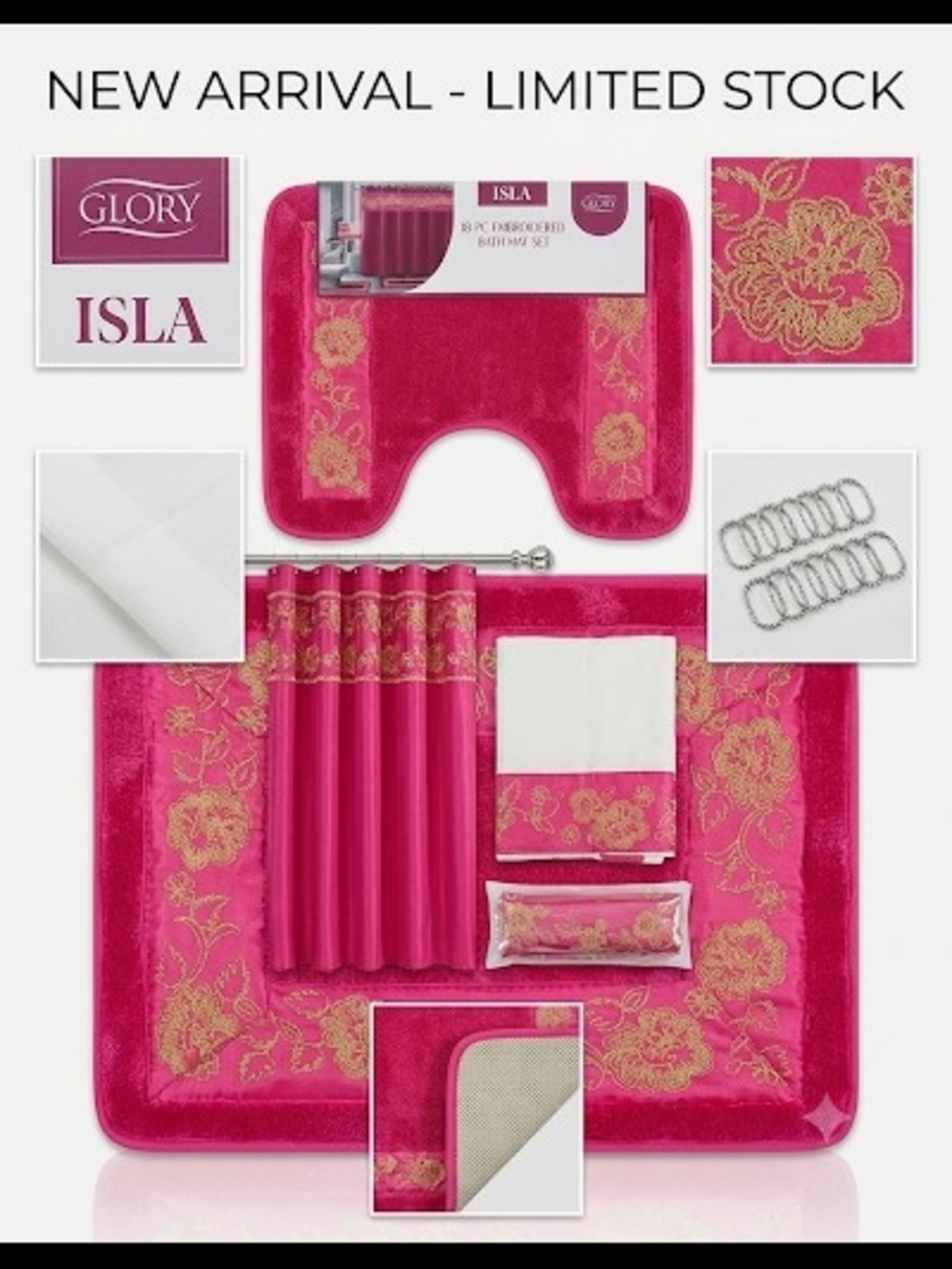 Hot Pink and Gold Embroidered Bath Set